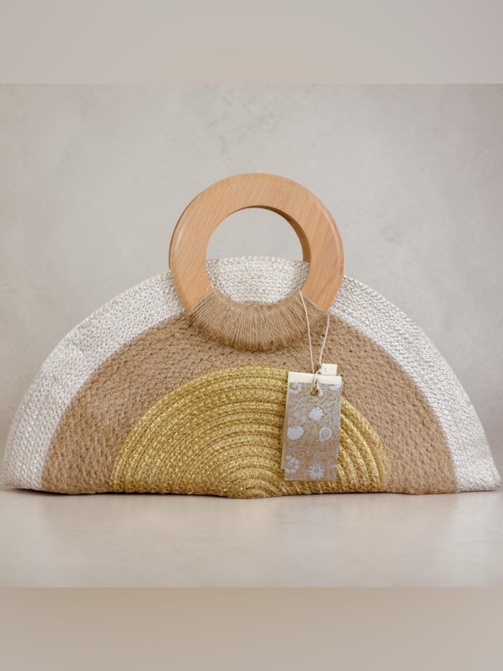 Antik Kraft Pia Jute Half-moon Shape Wooden Handle Crossbody Clutch Purse